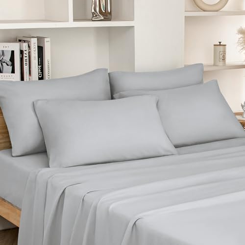 HOMEIDEAS Queen Size Bed Hotel Sheets - 6 Piece Set (Light Grey) - Extra Soft Brushed Microfiber 1800 Bedding Sheets, Deep Pocket, Wrinkle & Fade Free