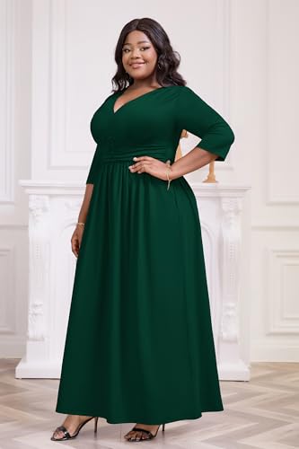 Image of Runwind Plus Size Maxi Dress 3 /4 Sleeve V-Neck Pleated Faux Buttons Pockets | Plus size dress for wedding guest, work, church, pleated front faux buttons, flowy maxi dress enhances elegance