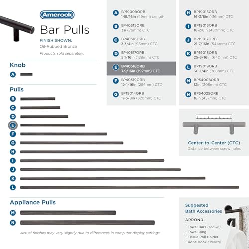 Image of Amerock | Cabinet Pull | Oil Rubbed Bronze | 7-9 /16 inch (192 mm) Center to Center | Bar Pulls | 1 Pack | Drawer Pull | Drawer Handle | Cabinet Hardware | 7-9 /16 inch (192mm) Center-to-Center Mounting Distance and 9-15 /16 inch Overall Length, Durable Carbon Steel Cabinet Hardware