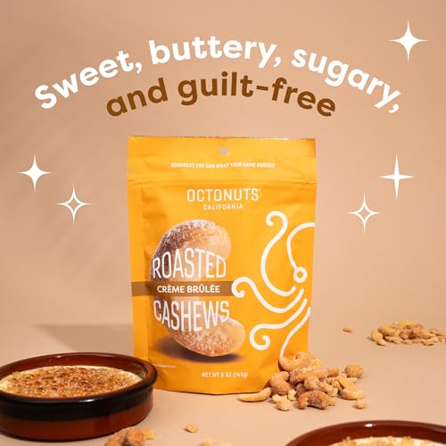 Image of Octonuts Creme Brulee Cashews - Roasted in Almond Oil (5oz) Sweet & Crunchy Plant Based Protein - Healthy Snack for Adults & Kids - Vegan, Non-GMO & Dairy Free