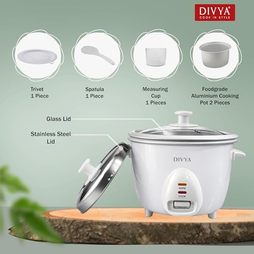 Image of DIVYA 0.6 L Drum Electric Rice Cooker for Home | 300 W | Double Pot Anodised Aluminium | Glass & Stainless Steel Lid | Cook & Keep Warm Function | Compact Rice Cooker | White