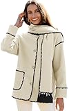 Angashion Womens Winter Wool Coats: Embroidered Button Down Woolen Blend Trench Coat With Tassel Scarf White Medium