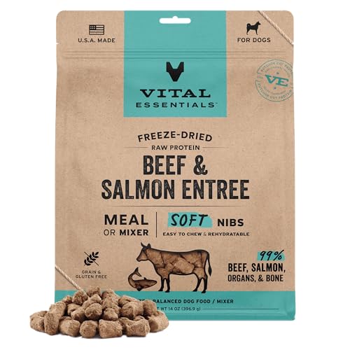 Vital Essentials Freeze Dried Dog Food, Raw Beef & Salmon Soft Nibs | Complete Meal or Topper | 99% Beef, Salmon, Organs & Bone | High Protein, Grain Free Dry Dog Food | 14 oz Bag