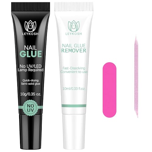 LEYKOSH Nail Glue and Remover Set, 10g Glue + 10ml Remover, No Lamp