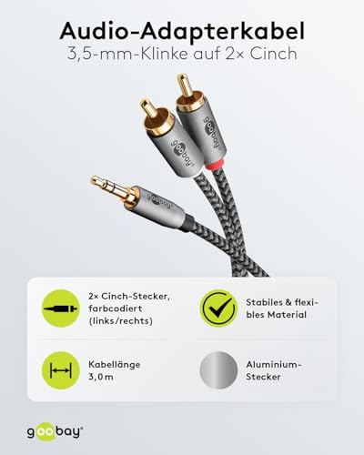 goobay 65289 Câble auxiliaire stéréo RCA vers jack 3,5 3m/ Câble audio auxiliaire hi-fi pour smartphone ; console ; chaîne hi-fi/gaine textile/doré – vue 2