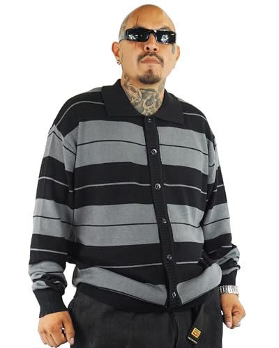 FB County Charlie Brown Striped Long Sleeve Shirt, Black and Grey, Extra Large - Unisex Cotton Button Down Long Sleeve Collared Shirt