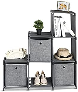 SPICOM Canvas Ladder Storage Unit 6 Cubes with 3 Storage Boxes DIY Closet Organizer Multifunctional With Modular Sturdy | Sturdy Metal Frame |Shelf Clothes | Cube Bookcase | Corner Storage (Dark Grey)