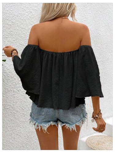 SweatyRocks Women's Sexy Cute Off Shoulder Ruffle Hem Flowy Chiffon Blouses Top2