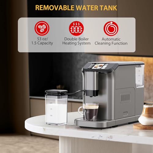 Image of Automatic Espresso Machine with 20 Bar Pressure - One-Touch Coffee Maker, Built-in Grinder & Milk Frother, 6 Custom Recipes, 1.5L Water Tank, Auto Self-Cleaning, 120V for Home & Office (Grey)