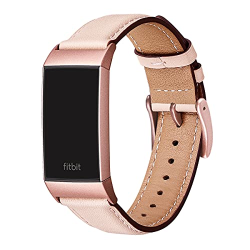 OMIU Compatible with Charge 3 Bands for Women Men, Square Genuine Leather Classic Band Replacement for Charge 4 & Charge 3 & Charge 3 SE(Pink Sand/Rose Gold)