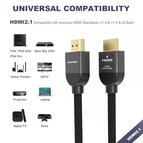 Image of RUIPRO Ultra High Speed HDMI 2.1 Cable, 48Gbps, 8K60, 4K120, HDR, eARC,10FT | Ideal for Gaming, Home Theater and 8K Entertainment Setups, Connects PS5, Xbox Series X, PCs, TVs, Projectors & AV Receivers