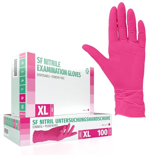 Oriplast Guantes desechables de nitrilo XL, magenta, 100 unidades/caja, guantes de nitrilo, elásticos, sin polvo, sin látex, resistentes a las grietas, guantes de goma