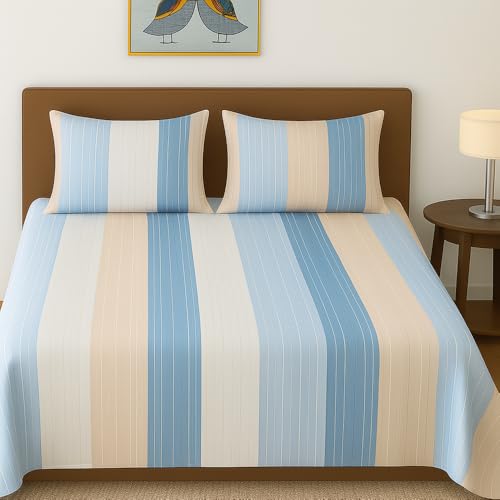 VAS COLLECTIONS 100% Cotton Feel Double Bed Bedsheet Set | 144 TC Soft & Breathable | Ocean Blue and Skin Big Striped with 2 Pillow Covers | Wrinkle Free | for Bedroom (90 x 90 Inches)
