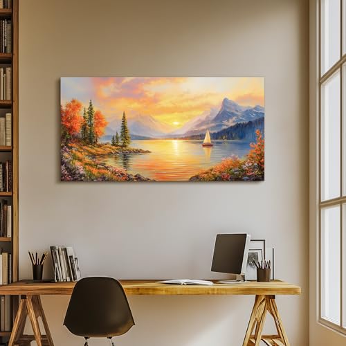 SERIMINO Sunset Landscape Large Wall Art, Mountain Lake Scenic Canvas Prints, Country Nature Scenery Artwork for Walls, Aesthetic Paintings Wall Decor Living Room Bedroom, Rustic Home Decor 24"X48"