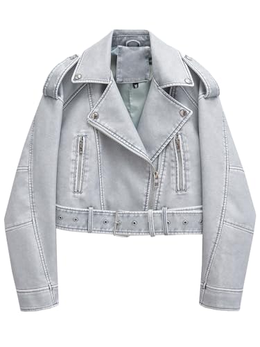 LY VAREY LIN Women Faux Leather Cropped Jacket Casual Bomber Biker Short Coat with Belt(Blue,S)