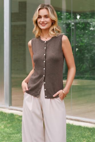 Arach&Cloz Women's Vest Tops 2026 Summer Sleeveless Sweater Knit Tank Tops Spring Wool Blend Crew Neck Button Down Trendy Business Casual Outfits Brown Coffee M