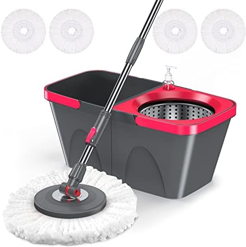 Spin Mop and Bucket with Wringer Set for Floor Cleaning - VOUBIEN Floor Mop and Bucket System with 4 pcs Microfiber Washable Mop Head, Wet and Dry Use Mop for Wall Hardwood Laminate Tile