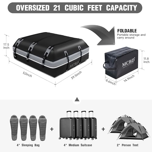 Image of Rooftop Cargo Carrier, 21 Cubic Feet Soft-Shell Waterproof Car Roof Luggage Bag for All Vehicles SUV with /Without Rails, Includes 10 Reinforced Straps + 6 Door Hooks,Storage Bag,Anti-Slip Mat