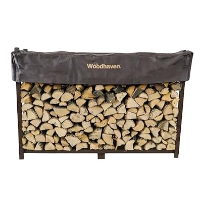 Woodhaven 6 Foot Heavy Duty, Made in the USA - Outdoor Firewood Storage Log Rack and Seasoning Cover Set - Metal Firewood Rack With Brown Powder Coat Finish