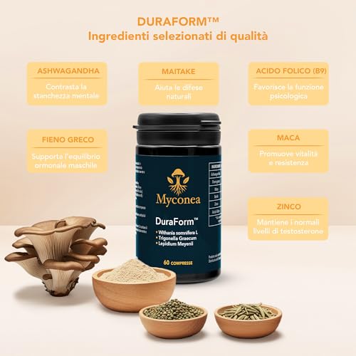 Myconea Duraform™ | Integratore Uomo Energia, Vitalità E Forza Maschile | Con Maca, Ashwagandha E Fieno Greco | Supporto Testosterone E Vigore | Con Zinco, Reishi E Acido Folico | 60 Compresse - 2