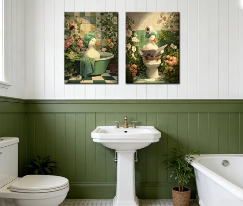 Image of Frimeeme Duck Green Botanical Bathtub Canvas Wall Art,12x16 Inch
