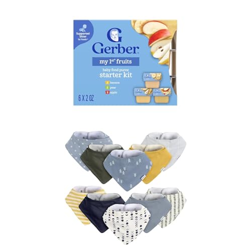 Gerber My 1st Fruits Starter Kit, Banana, Pear & Apple Puree, 2 Ounce Tubs, 2-Pack (Set of 6) with Gerber Bib Set, Blue