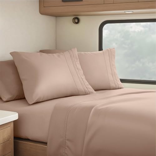 Image of Nestl Khaki Short Queen Sheets for RV, Hotel Luxury RV Queen Sheets Set, 4 Piece Fitted Bed Sheet Set and Pillowcases, Super Soft, Wrinkle-Free, and Breathable Camper Bedding