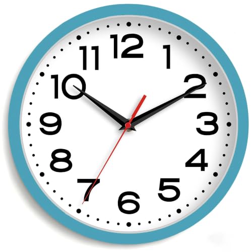 Image of Roymnie 10 Inch Wall Clock, Battery Operated Silent Non Ticking Blue | analog wall clock; bold numerals for easy reading; silent non-ticking; 1 AA battery (not included); for classroom