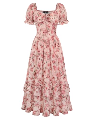 Image of Scarlet Darkness Women Floral Maxi Dress Puff Sleeve Tea Party Corset Dress | Pockets, Ruched Bust, Ruffled Hem, for Cottagecore Fairy Milkmaid Vacation