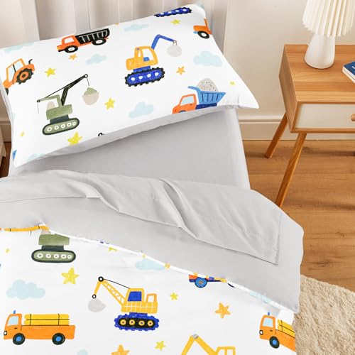 Image of Wake In Cloud - Toddler Bedding Set for Boys, Construction Car Excavator Truck, 4 Pieces Soft Crib Bed Set Including Comforter, Sheets and Pillowcase, White