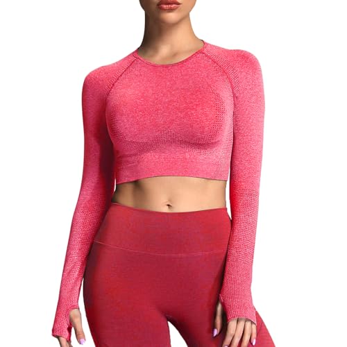 Aoxjox Long Sleeve Crop Tops for Women Workout Seamless Cropped T Shirt Top (1 New Racing Red Marl, Large)