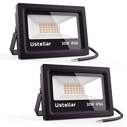 Ustellar 2 Pack 30W LED Flood Light IP66 Waterproof 2100lm 150W Halogen Bulb Equivalent Outdoor Bright Security Lights 2700K Warm White Floodlight Landscape Wall Lights Outsdie Yard Backyard Garage