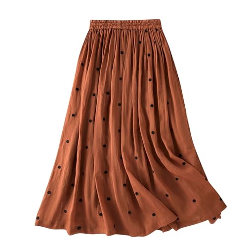 Womens Polka Dot Linen Midi Skirt Elastic Waist Vintage Pleated Skirts Comfy Aline Flowy Swing Pleated Skirts