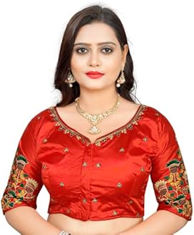 Cotton Silk All Over embrodered Round Neck Cutwork Half Sleeves Saree Blouse Readymade Crop Top Choli for Girls & Womens Free Size (503)