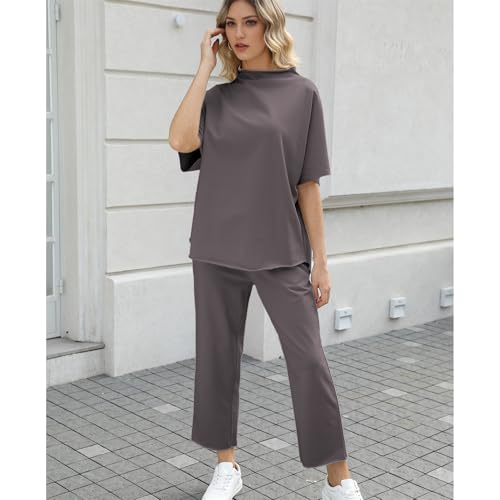 Image of SeeLuNa Women's Two Piece Outfits 3 /4 Batwing Sleeve Capelet Crew Neck Pullover Top Wide Leg Pants Lounge Set