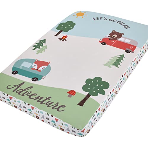 Image of Little Love by NoJo Retro Happy Camper Green and White Let's Go On an Adventure Photo Op Fitted Mini Crib Sheet