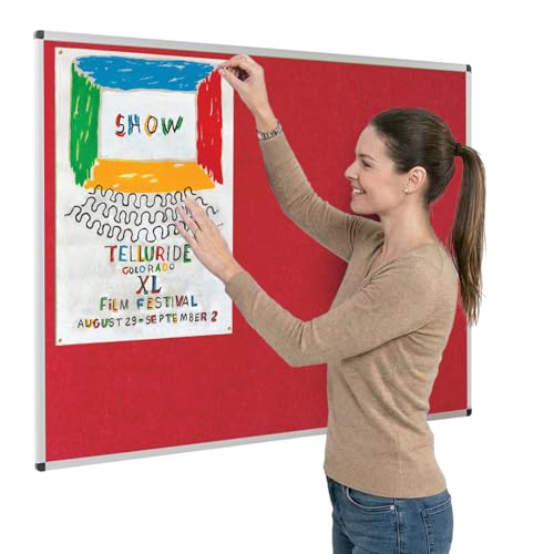 Image of Metroplan Fire-Retardant Aluminium Frame Noticeboard, 120 x 90 cm, Red Pinboard, Wall-Mounted, 12 Colour Pinboard Options - Ideal for Office, Classroom, Notice Displays