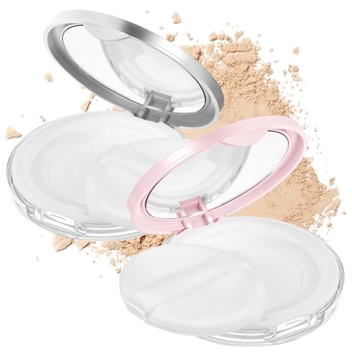 Nogeqi 2 Pcs Loose Powder Container with Puff Refillable Plastic Empty Travel Compact with Mirror Portable Empty Makeup Powder Container Loose Compact Case (Pink Silver)