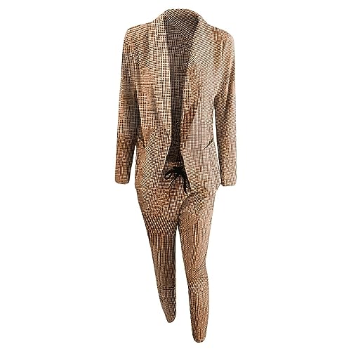 Women Blazer Set 2 Piece Outfits,Plaid Print Long Sleeve Blazer with Drawstring Pants Solid Business Casual Suit Set4