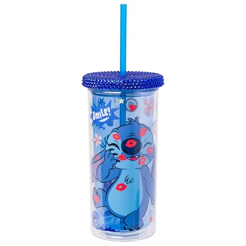 Silver Buffalo Lilo and Stitch Smiles Kisses, Tumbler with Straw, 20oz
