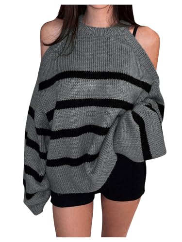 Image of GORGLITTER Women's Striped Cold Shoulder Sweater Color Block Long Sleeve Oversized Chukny Fall Sweaters Dark Grey Small