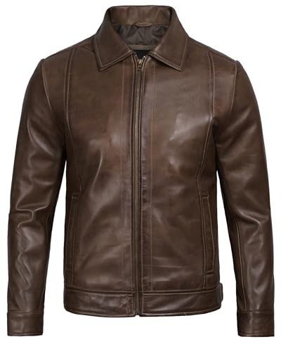 Image of Blingsoul Vintage Distressed Leather Jacket for Men - Shirt Collar Genuine Lambskin Mens Leather Jacket