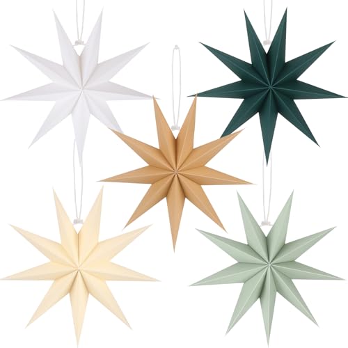 BestoFun 5 PCS Sage Green Paper Star Lanterns Hanging Stars Christmas Party Decorations Hanging Lampshade Christmas Wedding Birthday Christmas Home Party Decorations(12 Inch)
