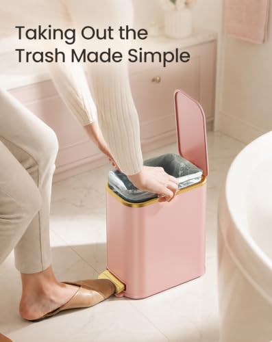 Image of Cesun Small Bathroom Trash Can with Gold Grimmed Lid & Pedal, 1.3Gal, Pink