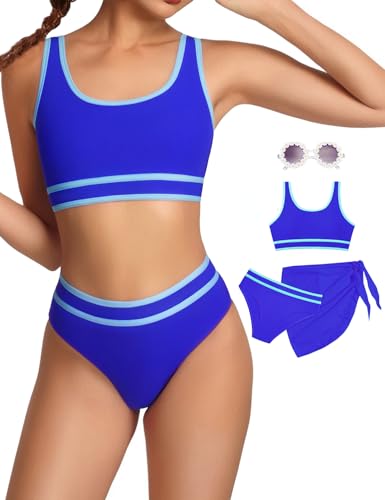 Image of Teen Girls Swimsuit High Waist Sporty Bikini Bathing Suits with Cover Up Skirt and Sunglasses 4 Piece Set 8-15 Years