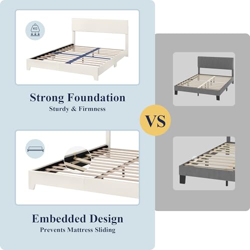 Allewie Queen Size Bed Frame with Adjustable Headboard, Faux Leather Platform Bed with Wood Slats, Heavy Duty Mattress Foundation, No Box Spring Needed, Noise-Free, Easy Assembly, White