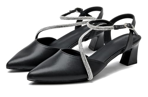 kkdom Women's Sparkle Rhinestone Slingback Low Kitten Heels Closed Pointed Toe Ankle Strap Dress Pump Shoes4