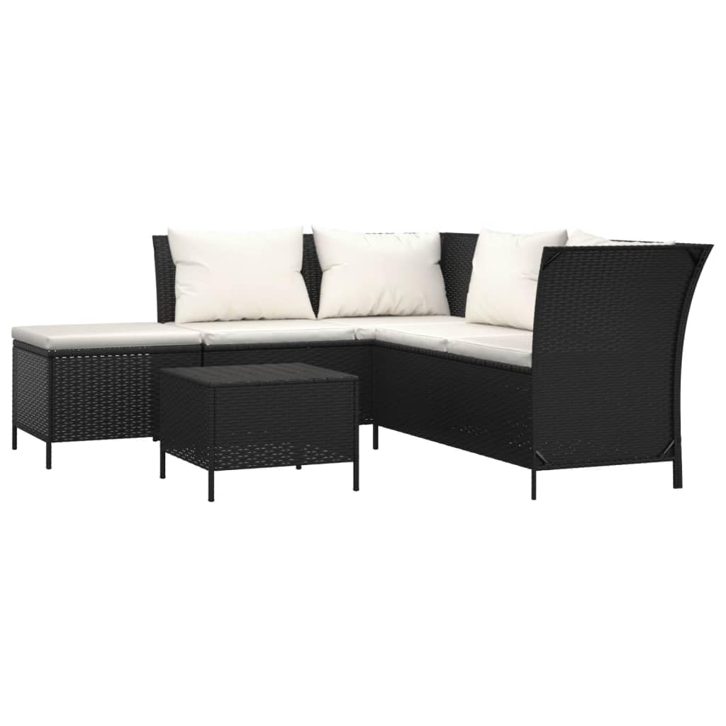 Salon de jardin 4 pièces avec coussins en polyrotin noir pour jardin, terrasse, extérieur, balcon