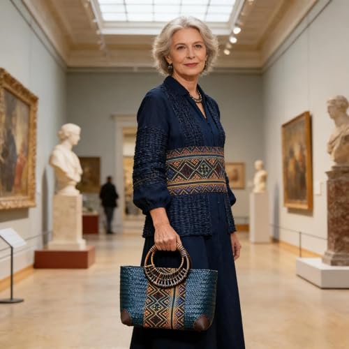 Bolso de playa para mujer, bolso tote de ratán artesanal, asa redonda de bambú miniatura 7