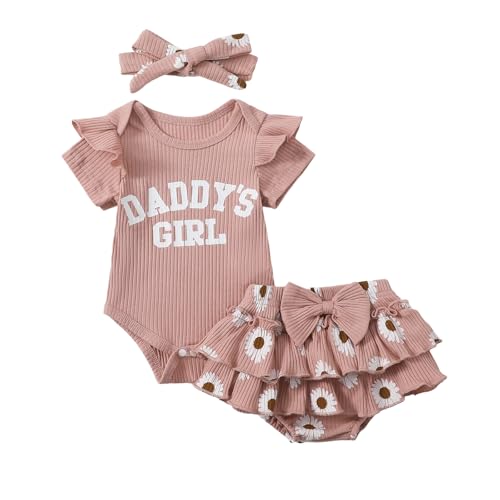 Image of Tsnbre Newborn Baby Girl Clothes Daddys Girl Short Sleeve Romper Floral Shorts Headband Infant Summer Outfits